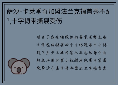 萨沙·卡莱季奇加盟法兰克福首秀不幸十字韧带撕裂受伤 萨沙·卡莱季奇加盟法兰克福首秀不幸十字韧带撕裂受伤